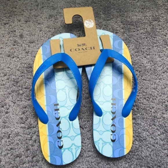 Coach Shoes - Coach Blue and Yellow Flip Flops